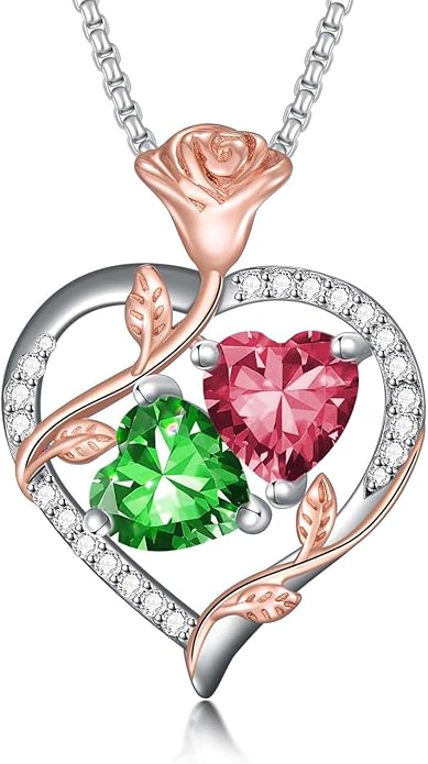 Jewelry for Her Double Heart Rose Birthstone Pendant Necklace Anniversary Jewelry Christmas Birthday Gifts for Women Wife Girlfriend