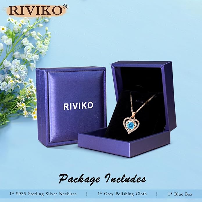 RIVIKO Heart Birthstone Pendant Necklace for Women 925 Sterling Silver Zirconia Necklaces Wedding Anniversary Birthday Mothers Day Jewelry Gifts For Her Mother Wife