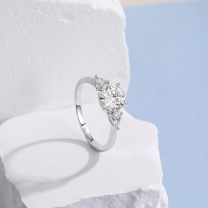 2 CT Moissanite Engagement Rings for Women D Color VVS1 Clarity 925 Sterling Silver Solitaire Round Cut 3-Stone Wedding Stunning Promise Rings for Her Size 3-11
