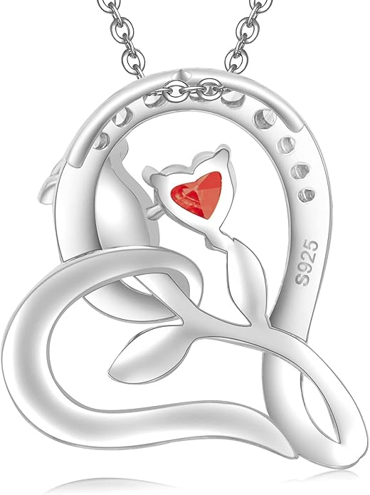 Rose Flower Heart Birthstone Necklaces for Women, 925 Sterling Silver Anniversary Jewelry, Pendant Heart Necklaces Birthday Anniversary Christmas Gift for Women Wife Mom Girlfriend Lady
