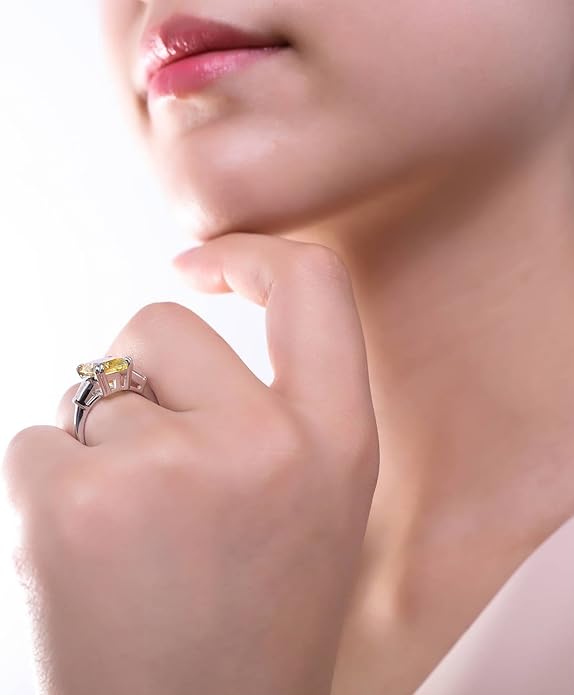 BERRICLE Sterling Silver CZ 3-Stone Solitaire Wedding Engagement Rings for Women, Cubic Zirconia Ring - Asscher, Cushion, Emerald, Pear, Round Cut - Canary Yellow, Green, Amethyst Purple Colors