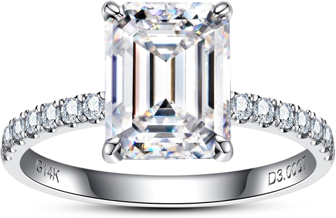 14K Solid Gold Side Stones Ring, Round/Princess Cut Centerpiece Moissanite Lab Grown Created Diamond, D Color and Flawless Real Gold Wedding Anniversary Ring