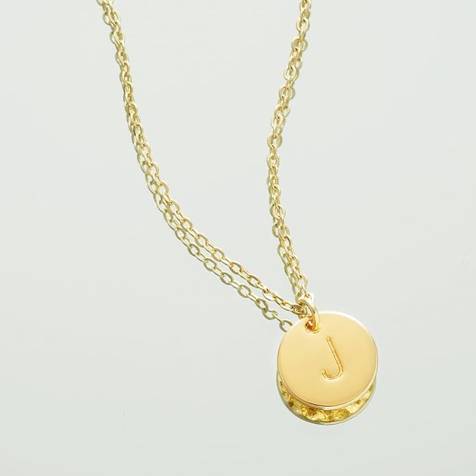 Bemoly Initial Necklace for Women Round 11MM Coin Disc Double Side Engraved Letter A-Z Hammered Pendant 14K Gold Plated Personalized Alphabet Birthday Jewelry 17.5"