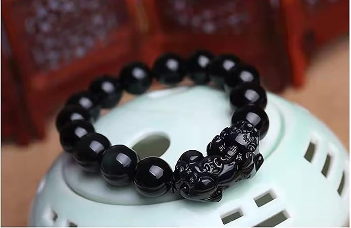 Black Obsidian Bracelet,Feng Shui Black Obsidian Wealth Bracelet for Women Men Stretch Obsidian Bracelet Bangle with Pixiu Tiger Eye Stone Attract Wealth Money and Good Luck