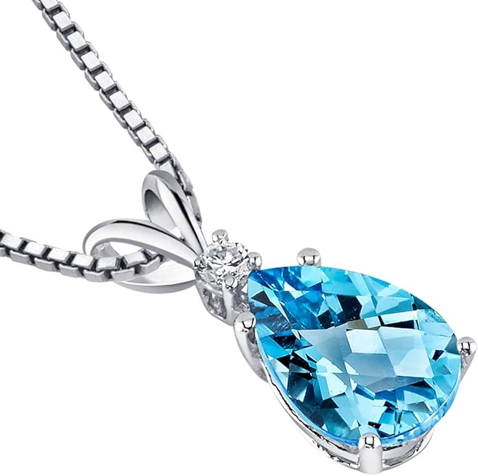 PEORA 14K White Gold Swiss Blue Topaz with Diamond Pendant for Women, Natural Gemstone Teardrop Solitaire, 2.30 Carats total Pear Shape 10x7mm, Blue Gemstone Necklace,
