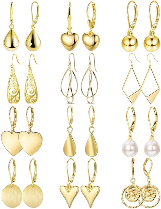 12 Pairs Gold Silver Heart Dangle Earrings Teardrop Earrings for Women Waterdrop Lightweight Circle Disc Coin Geometric Flat Brushed Drop Hypoallergenic Earrings Jewelry Gifts