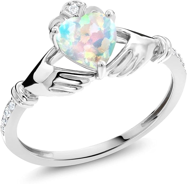 Gem Stone King 10K White Gold 6MM Heart Shape Gemstone Birthstone and White Diamond Irish Celtic Claddagh Engagement Ring | Gold Ring For Women | Available In Size 5, 6, 7, 8, 9