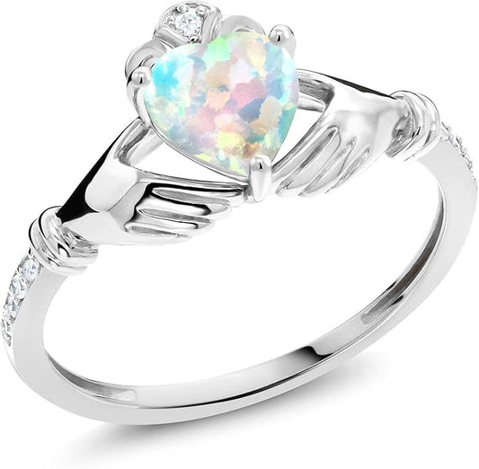 Gem Stone King 10K White Gold 6MM Heart Shape Gemstone Birthstone and White Diamond Irish Celtic Claddagh Engagement Ring | Gold Ring For Women | Available In Size 5, 6, 7, 8, 9