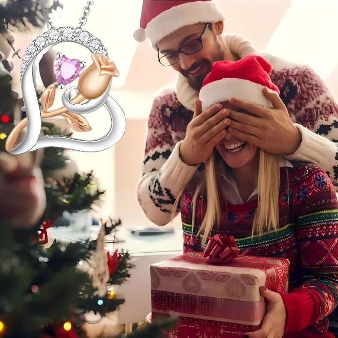 Rose Flower Heart Birthstone Necklaces for Women, 925 Sterling Silver Anniversary Jewelry, Pendant Heart Necklaces Birthday Anniversary Christmas Gift for Women Wife Mom Girlfriend Lady