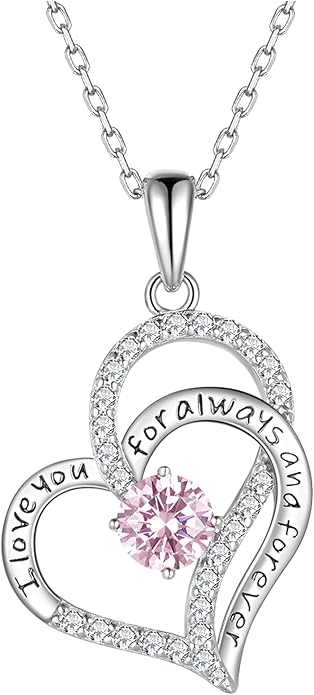 Heart Birthstone Silver Necklace for Women, S925 Sterling Silver Pendant Necklace Birthday Jewelry Gifts for Her Mother Mom Wife Girlfriend