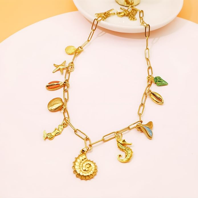 Chunky Retro Heart Necklace for Women Antique Layer Beach Ocean Moon Stars Western Boho Charm Necklaces Retro Link Chain Jewelry