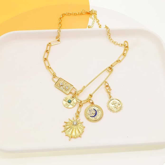 Chunky Retro Heart Necklace for Women Antique Layer Beach Ocean Moon Stars Western Boho Charm Necklaces Retro Link Chain Jewelry