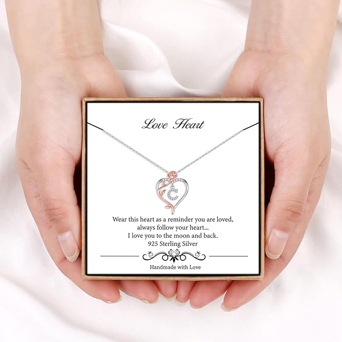 Iefil Rose Heart Necklaces Gifts for Women - 925 Sterling Silver Rose Heart Initial Necklace, Anniversary Birthday Gifts for Women, Jewelry Gift for Her Wife Girlfriend Mom Daughter