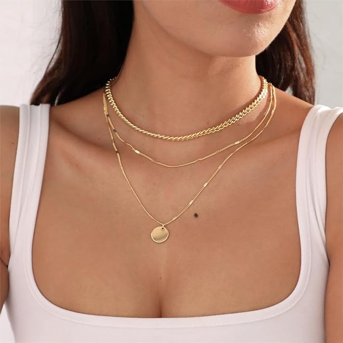 ASCOMY Layered Necklaces for Women Dainty Gold Necklace 14K Gold Plated Herringbone Necklace for Women Pearl Cross Necklace Paperclip Cuban Figaro Rope Satellite Chain Gold Choker Trendy Jewelry Gift