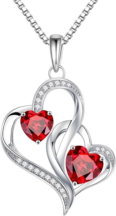 Iefil Birthstone Necklace for Women - 925 Sterling Silver Double Birthstone Heart Necklace | Anniversary Birthday Gifts for Women | Personalized Gifts | Jewelry Gifts for Wife Mom Girlfriend