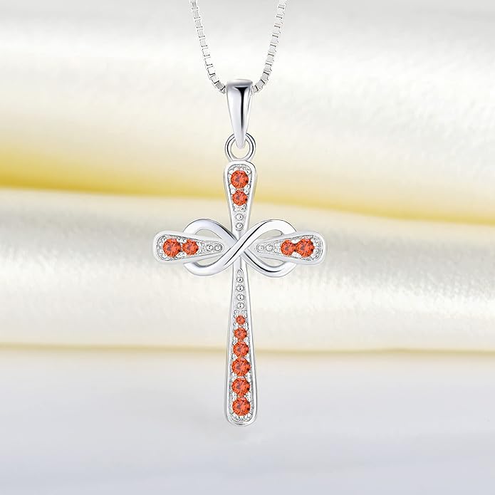 YL 925 Sterling Silver Cross Necklace for Women Halo Infinity Pendant Birthstone Jewelry for Mom