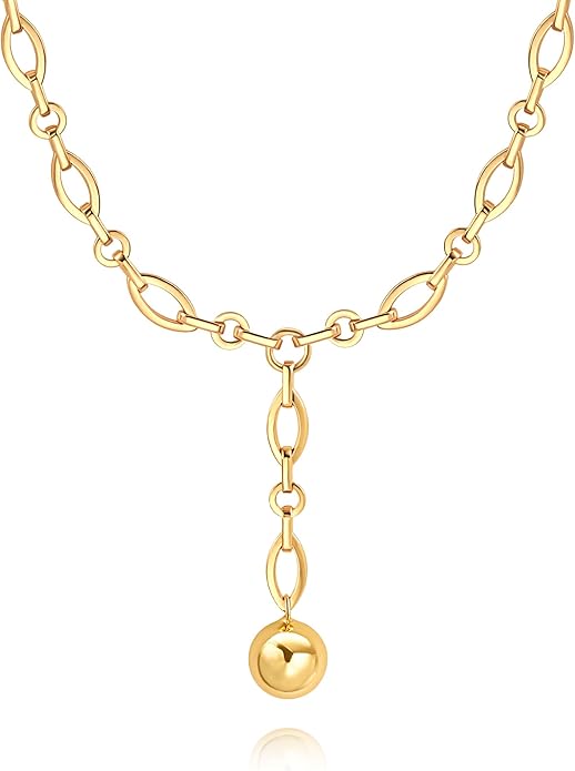 18k Gold Chain Link Necklace for Women, Baroque Pearl/Compass Pendant Necklace
