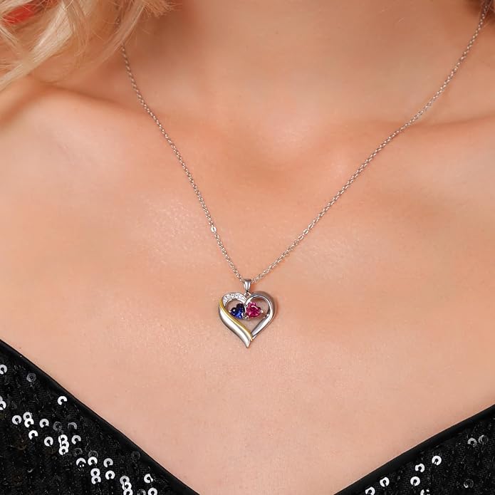 925 Sterling Silver and 10K Yellow Gold Engraved Customized and Personalized Gemstone Birthstone and White Lab Grown Diamond 2-Heart Couple Name Pendant Necklace For Women with 18 Inch Silver Chain