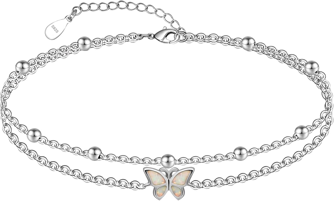 CHIC & ARTSY Womens Sterling Silver Created Opal Layered Anklet Bracelet Dainty Beaded Chain Adjustable 11" Best Friend Anklet