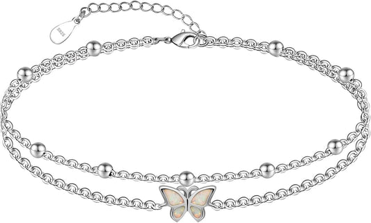 CHIC & ARTSY Womens Sterling Silver Created Opal Layered Anklet Bracelet Dainty Beaded Chain Adjustable 11" Best Friend Anklet