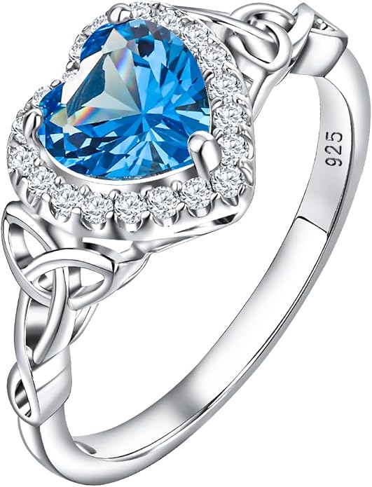 DAYBYDAY Celtic Birthstone Rings for Women 925 Sterling Silver Heart/Round/Pear/Oval Created Gemstone Moissanite Halo Engagement Promise Rings for Her Wife Birthday Anniversary Wedding Jewelry