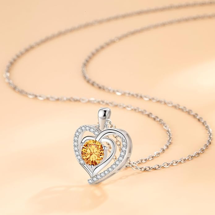 Heart Necklace, I Love You Always & Forever, Birthstone Cubic Zirconia Pendant, Gift for Women