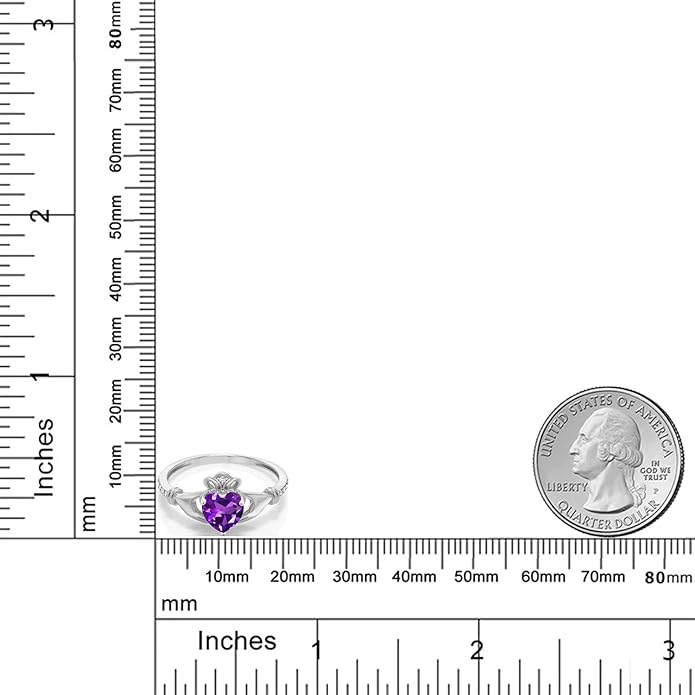 Gem Stone King 10K White Gold 6MM Heart Shape Gemstone Birthstone and White Diamond Irish Celtic Claddagh Engagement Ring | Gold Ring For Women | Available In Size 5, 6, 7, 8, 9