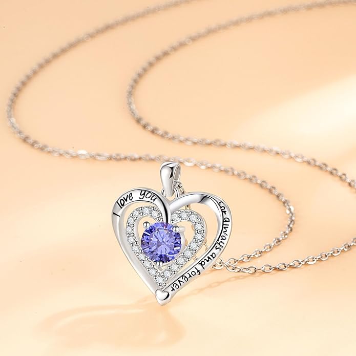 Heart Necklace, I Love You Always & Forever, Birthstone Cubic Zirconia Pendant, Gift for Women
