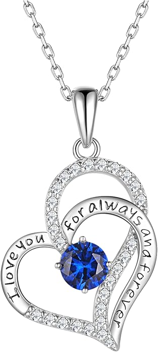 Heart Birthstone Silver Necklace for Women, S925 Sterling Silver Pendant Necklace Birthday Jewelry Gifts for Her Mother Mom Wife Girlfriend