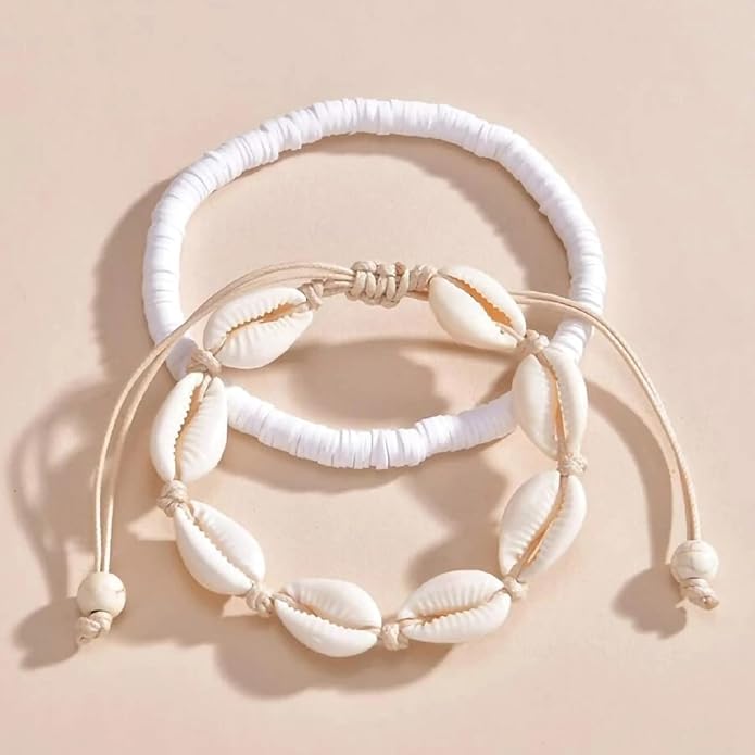 Shell Ankle Bracelet Set for Women, Gold Boho Bead Adjustable Anklet, Hawaiian Beach Seashell Pearl Heart Starfish Conch Foot Jewelry Gifts