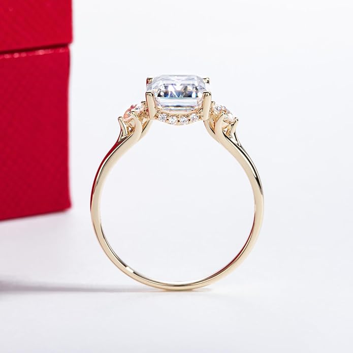 Solid 14K Gold 3.36ct Moissanite Three Stone Rings (3ct Center Stone), Round/Oval/Emerald Shape, Real Gold | D Color and Flawless Moissanite | Wedding Anniversary Ring