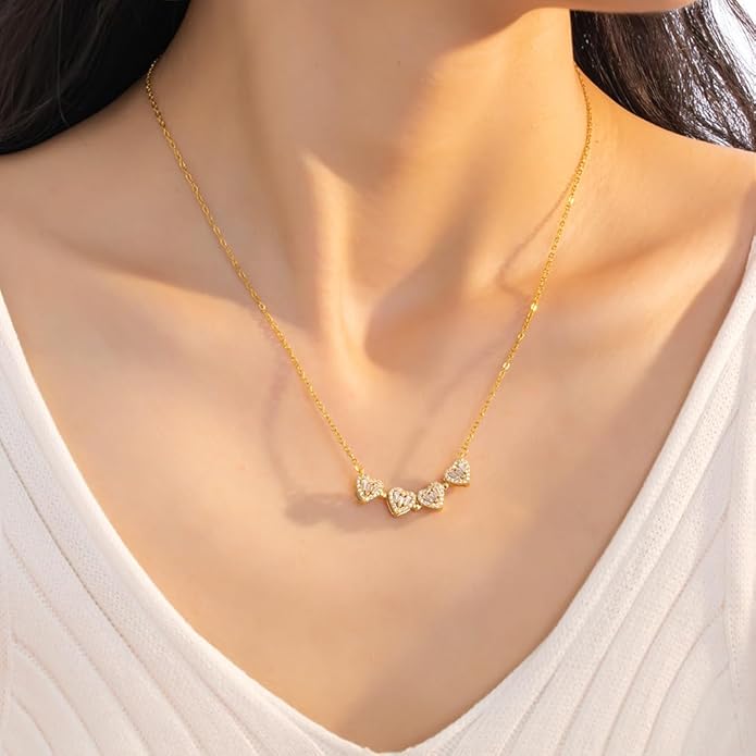 18K Gold Stainless Steel Gold Plated Necklace with Clove Hearts Charm - Can Be Worn Two Ways (Elegant A)