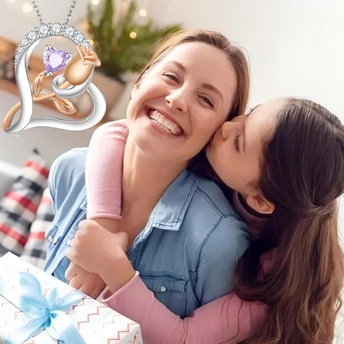 Rose Flower Heart Birthstone Necklaces for Women, 925 Sterling Silver Anniversary Jewelry, Pendant Heart Necklaces Birthday Anniversary Christmas Gift for Women Wife Mom Girlfriend Lady