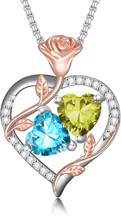 Jewelry for Her Double Heart Rose Birthstone Pendant Necklace Anniversary Jewelry Christmas Birthday Gifts for Women Wife Girlfriend