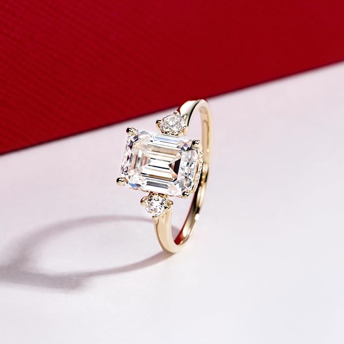 Solid 14K Gold 3.36ct Moissanite Three Stone Rings (3ct Center Stone), Round/Oval/Emerald Shape, Real Gold | D Color and Flawless Moissanite | Wedding Anniversary Ring