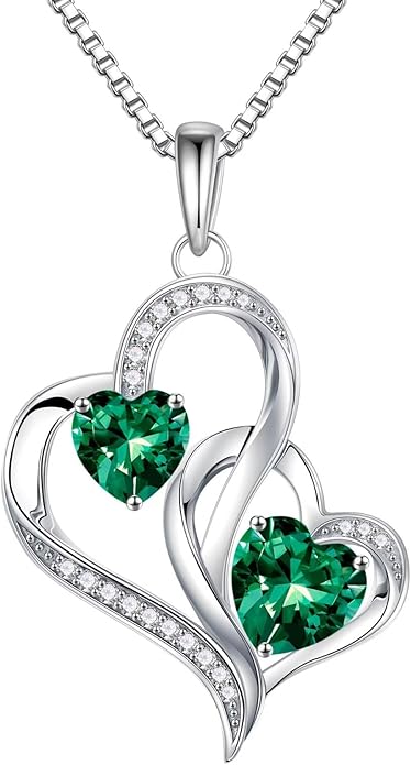 Iefil Birthstone Necklace for Women - 925 Sterling Silver Double Birthstone Heart Necklace | Anniversary Birthday Gifts for Women | Personalized Gifts | Jewelry Gifts for Wife Mom Girlfriend