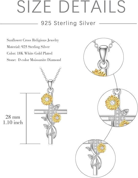 Sunflower Necklace for Women, 18K Gold Plated Silver Moissanite Sunflower Heart/Cross Pendant Necklace You are My Sunshine Gifts Sunflower Jewelry Birthday Christmas Mothers Day Gifts for Her Girlfriend Wife