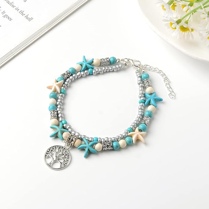 Starain Blue Turtle Anklets for Women Multilayer Beads Handmade Beach Ankle Bracelet Set Boho Foot Jewelry