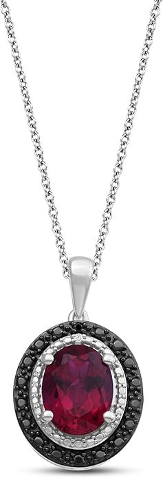 Jewelili Sterling Silver Oval Halo Pendant Necklace for Women | Created Opal, Created Ruby & Created Blue Sapphire with Treated Black & White Round Diamonds | 18" Rolo Chain | Jewelry Gift with Box