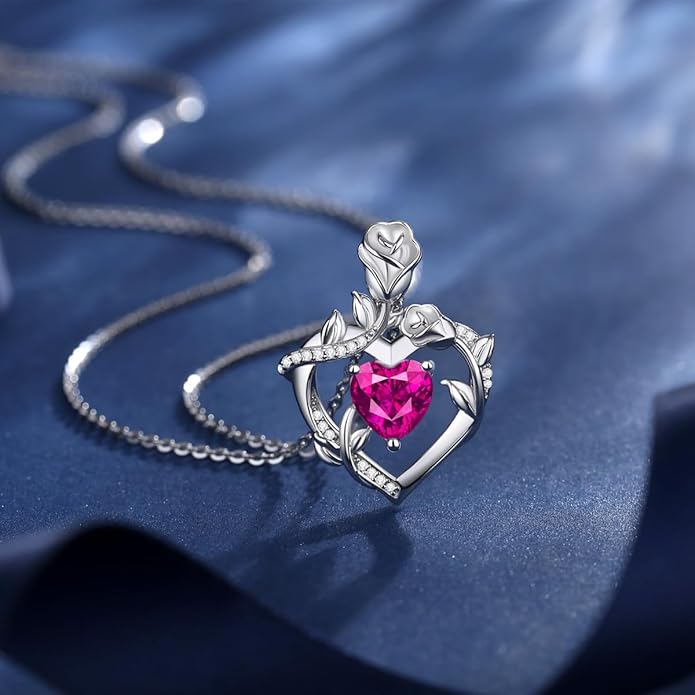 AGVANA Rose Birthstone Necklace for Women Sterling Silver Rose Flower Heart Necklace Fine Jewelry Anniversary Birthday Gifts for Women Wife Mom Her, Length: 18"+2"