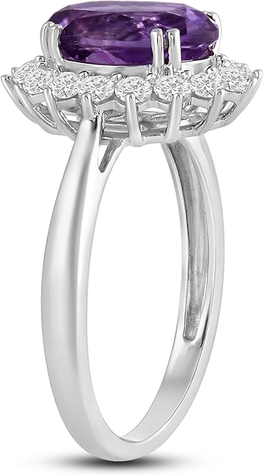 Jewelili Sterling Silver 10x8 MM Oval Amethyst with Round Created White Sapphire Engagement Ring
