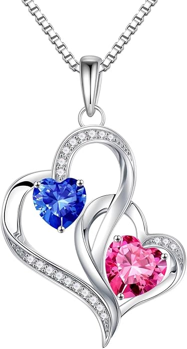 Iefil Birthstone Necklace for Women - 925 Sterling Silver Double Birthstone Heart Necklace | Anniversary Birthday Gifts for Women | Personalized Gifts | Jewelry Gifts for Wife Mom Girlfriend