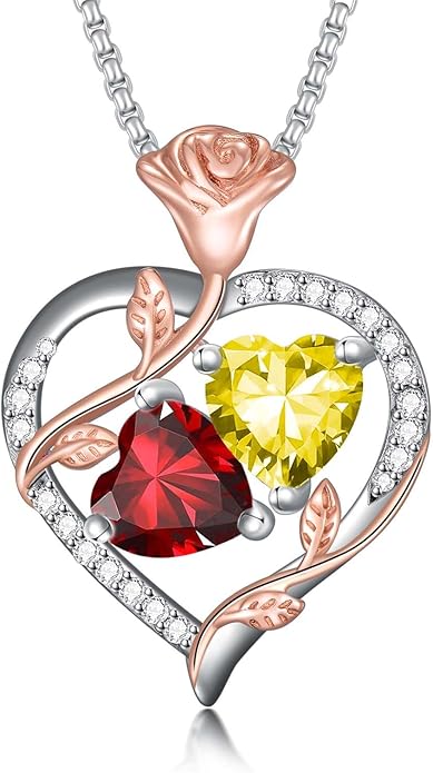Jewelry for Her Double Heart Rose Birthstone Pendant Necklace Anniversary Jewelry Christmas Birthday Gifts for Women Wife Girlfriend