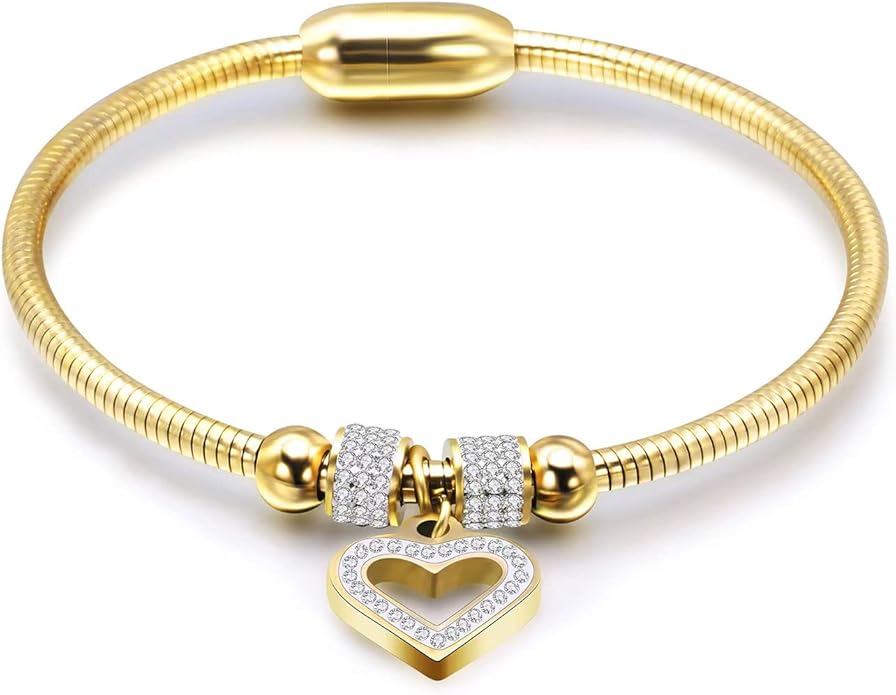 KunBead Heart Charm Birthday Bracelet Stainless Steel Love Bangle Cuff Jewelry Bracelets for Women