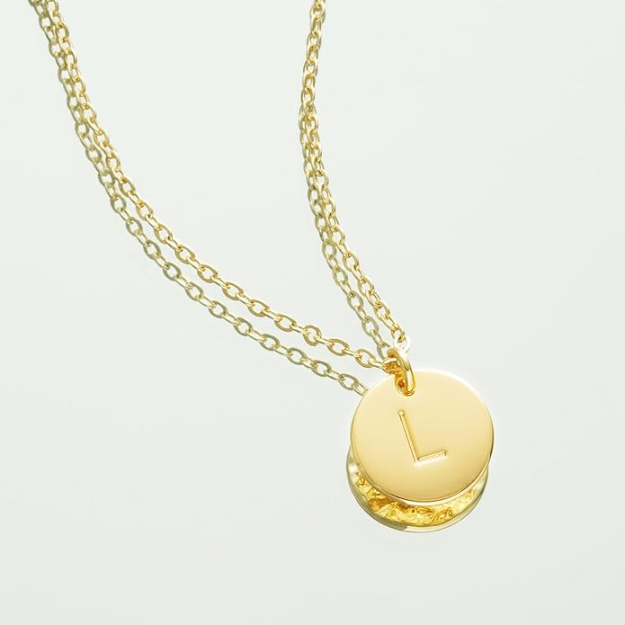 Bemoly Initial Necklace for Women Round 11MM Coin Disc Double Side Engraved Letter A-Z Hammered Pendant 14K Gold Plated Personalized Alphabet Birthday Jewelry 17.5"