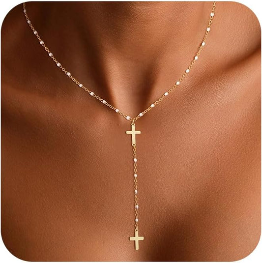 Lariat Gold Necklaces for Women - Dainty Gold Necklace Trendy 14K Gold Plated Hypoallergenic Layered Long Y-Shape Sunburst CZ T-Bar Pendant Drop Chain Necklace Set for Women Non Tarinsh Jewelry Gift