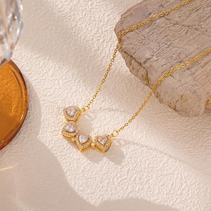 18K Gold Stainless Steel Gold Plated Necklace with Clove Hearts Charm - Can Be Worn Two Ways (Elegant A)