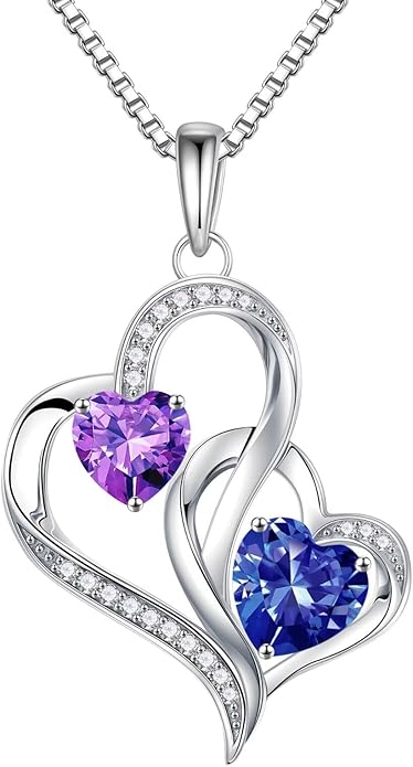 Iefil Birthstone Necklace for Women - 925 Sterling Silver Double Birthstone Heart Necklace | Anniversary Birthday Gifts for Women | Personalized Gifts | Jewelry Gifts for Wife Mom Girlfriend