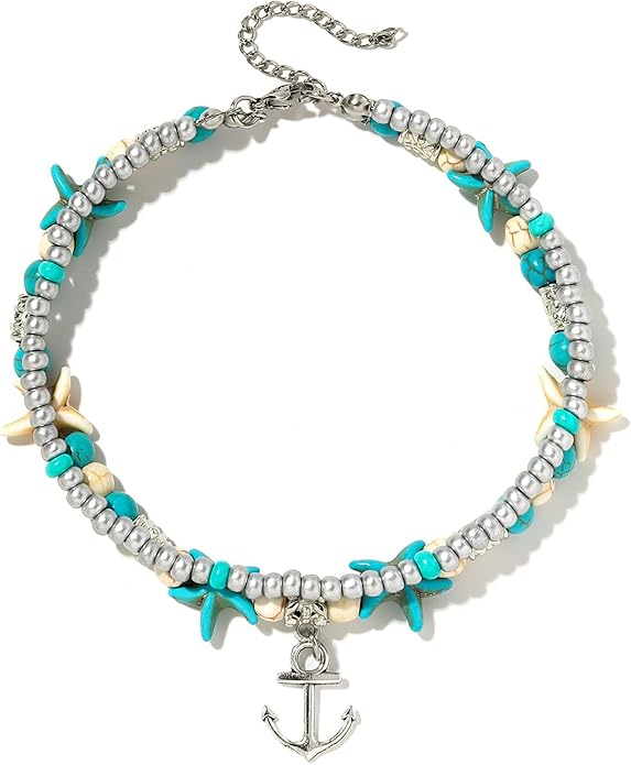 Starain Blue Turtle Anklets for Women Multilayer Beads Handmade Beach Ankle Bracelet Set Boho Foot Jewelry