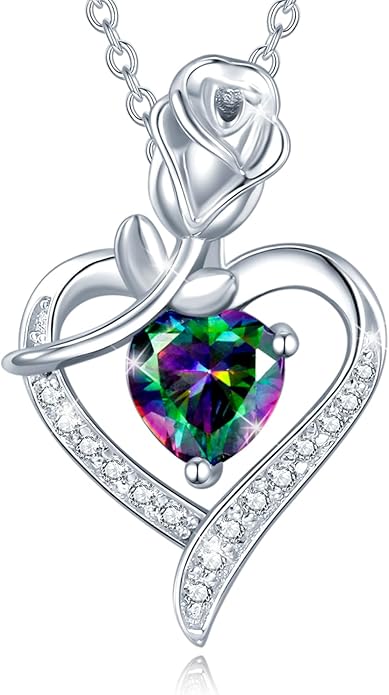 AGVANA Rosy Reverie Birthstone Necklace for Women Sterling Silver Genuine or Created Gemstone Rose Flower Heart Pendant Necklace Anniversary Birthday Gifts for Women Mom Wife Her